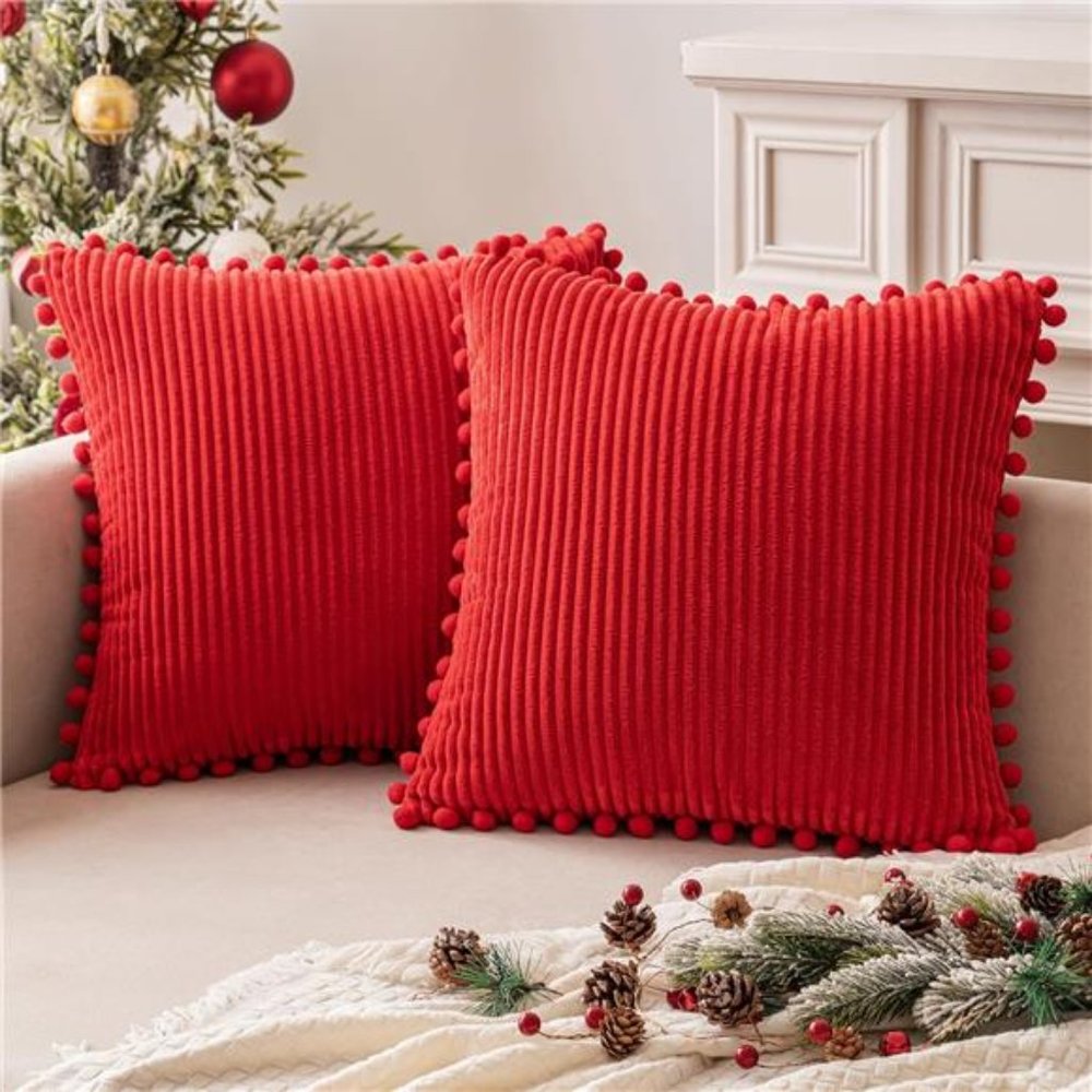2 Pcs Christmas Decorative Throw Pillow Covers with Pom-poms | 18x18 inch | Red